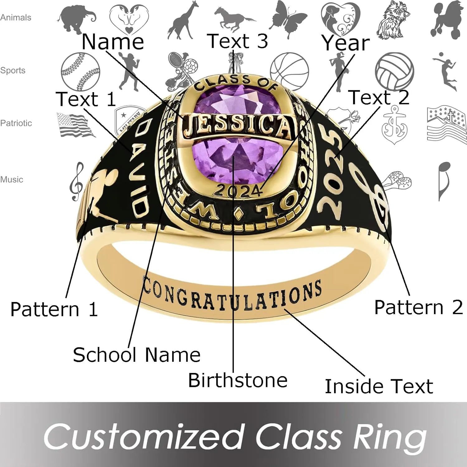 Customizable Class Rings for Women Men 925 Sterling Silver High School University Graduation Ring 2025 2026 Personalized College Graduation Gift