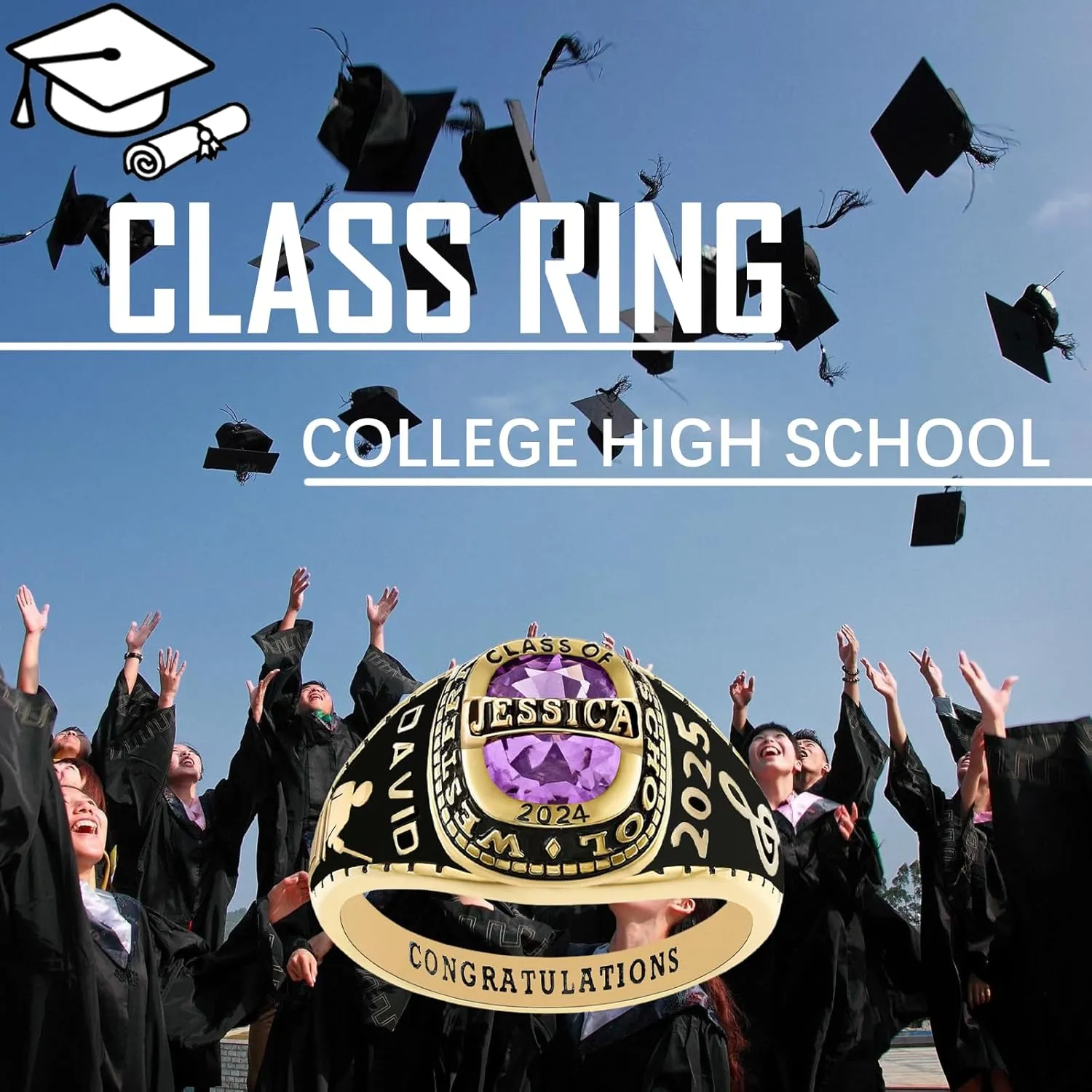 Customizable Class Rings for Women Men 925 Sterling Silver High School University Graduation Ring 2025 2026 Personalized College Graduation Gift