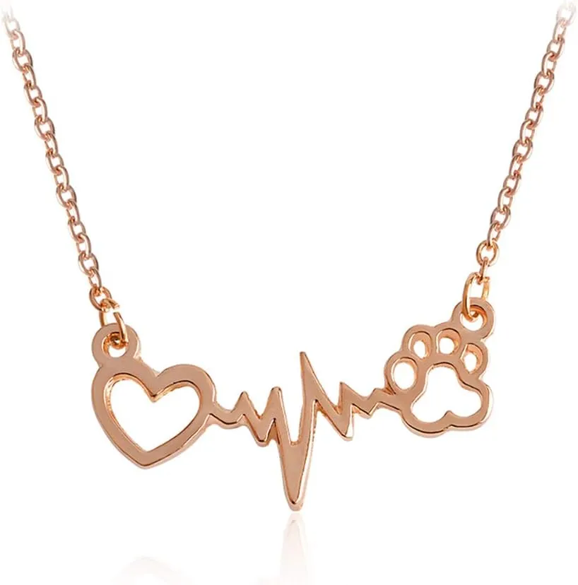 Cute Animal Cat Dog Puppy Footprint Bracelet Love ECG Heart Heartbeat Paw Print Pendant Necklace