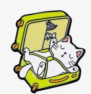 Cute Cat Lapel Pin Brooch, 1 x 1.2 Inches, Cartoon Cat in Luggage, Take Me with You on Your Trip Cat, Gift for Girls and Boys