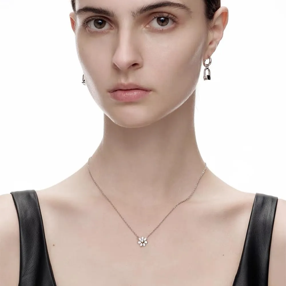 Cute Daisy Flower Pendant Necklace for Women Girls 925 Sterling Silver Dainty Small Cherry Blossom Link Charm Choker Chain Adjustable Necklaces Delicate Mothers Day Birthday Jewelry Gift Box 18 inch