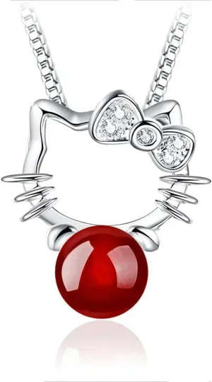 Cute Real 925 Sterling Silver Cat Pendant Necklace Agate Ball Pendant