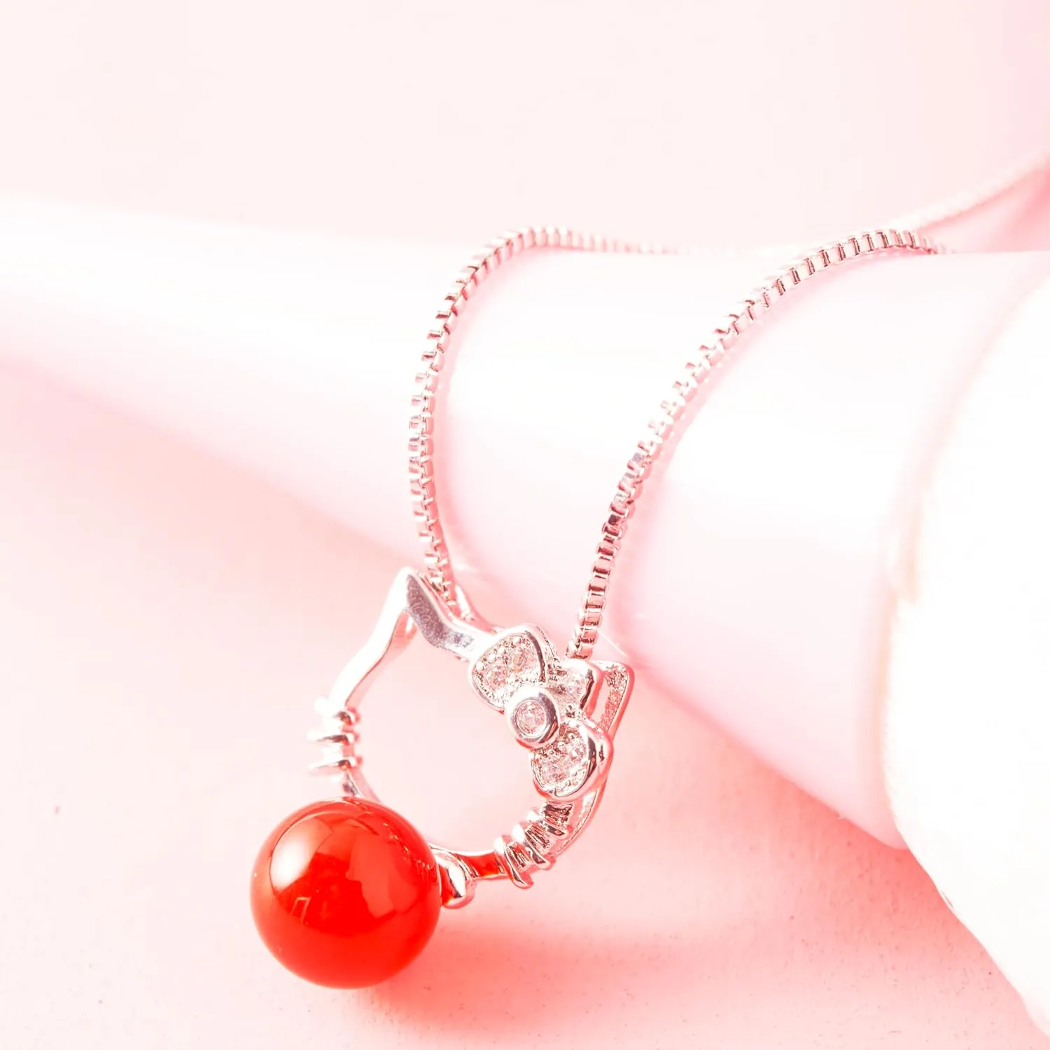 Cute Real 925 Sterling Silver Cat Pendant Necklace Agate Ball Pendant