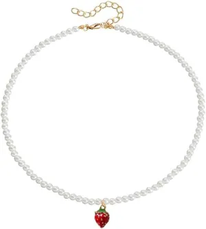 Cute Strawberry Pearl Beads Chain Choker Necklace for Women Gold Sweet Adorrable Pearls Beaded Clavicle Necklaces Lovely Fruit 3D Enamel Pendant Fresh Tropical Fruit Handmade Charm Holiday Jewelry Gifts