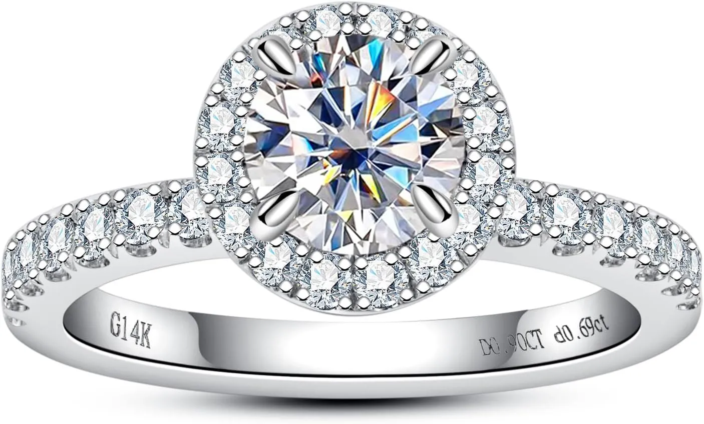 D Color and VVS Clarity Lab Grown Diamond Engagement Ring for Women, 14K Solid White Gold, 1.588 Carats (0.9cttw Center Diamond and 0.688cttw Side Diamonds)