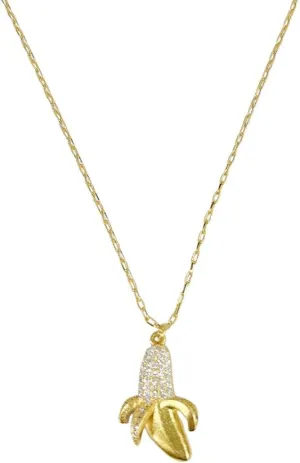 Dainty Banana Pendant Necklace for Women Gold Plated Fashion Cute Peeled Tropical Fruit Choker Cubic Zirconia Lifelike Food Charm Adjustable Chain Necklaces Jewelry Gift for Her Daughter BFF