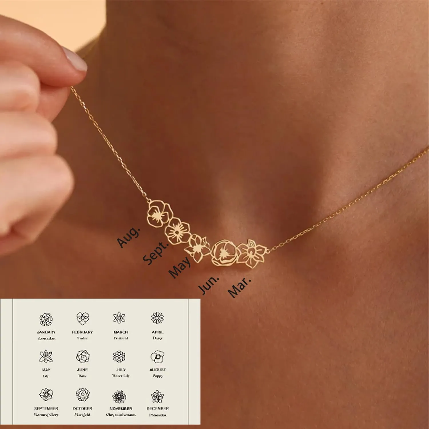 Dainty Birth Flower Necklace for Women, Custom 1-6 14K Gold Plated Birth Month Flower Necklace Personalized Mothers Day Birthday Christmas Gifts for Women (Birth Flower Necklace)