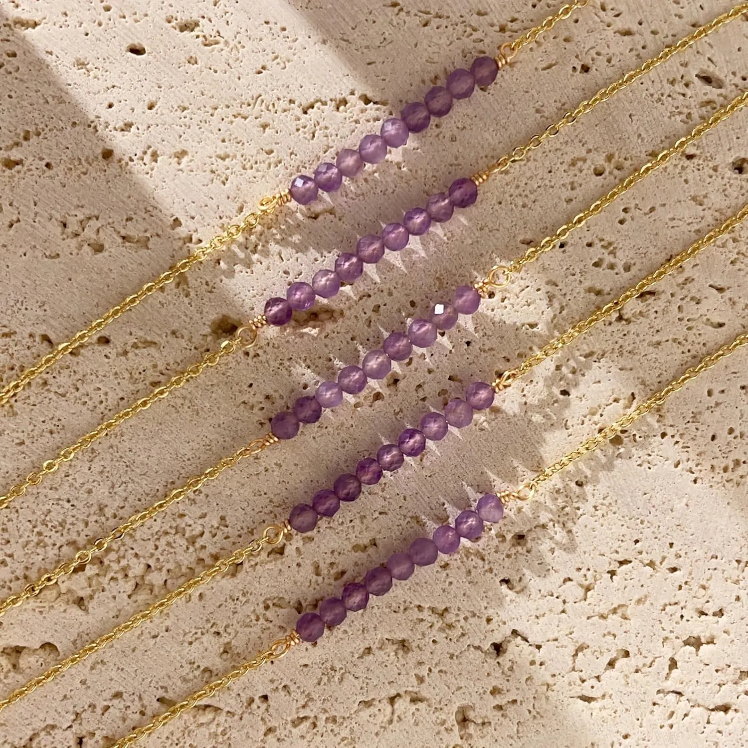 Dainty Birthstone Beaded Bar Necklace,18K Gold Plated Handmade Faceted Turquoise,Lapis,Amazonite,Tiger Eye,Emerald,Ruby,Blue Apatite,Opal Stone Necklaces for Women