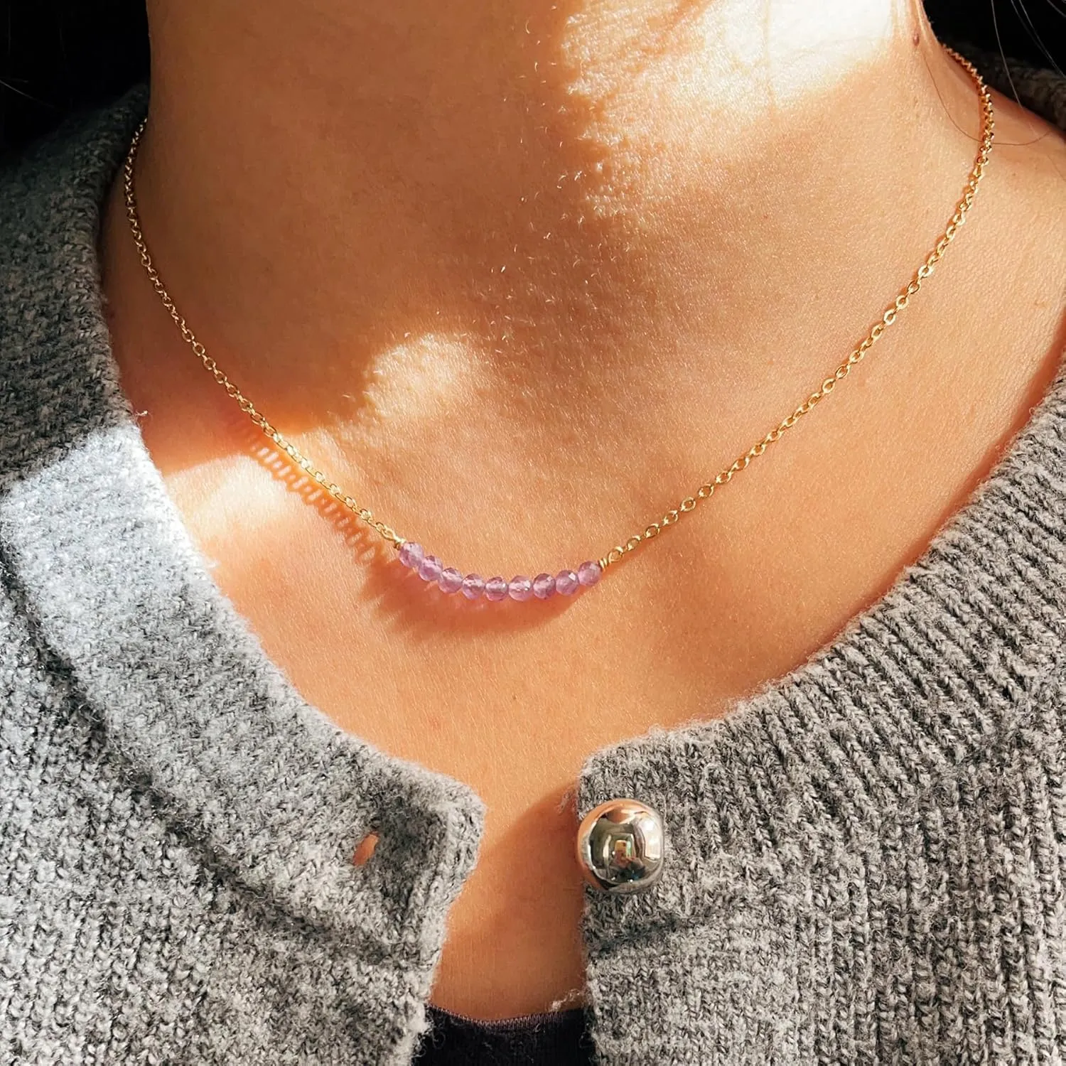 Dainty Birthstone Beaded Bar Necklace,18K Gold Plated Handmade Faceted Turquoise,Lapis,Amazonite,Tiger Eye,Emerald,Ruby,Blue Apatite,Opal Stone Necklaces for Women