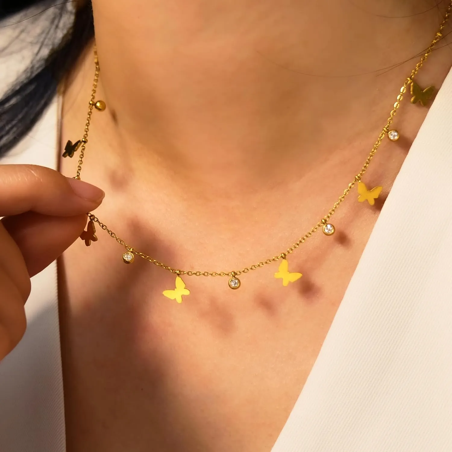 Dainty Gold Charm Necklace for Women - Non Tarnish Zirconia Choker Necklace Butterfly Four Leaf Charms Trendy Layered Jewelry for Her Valentines Day Birthday Gift
