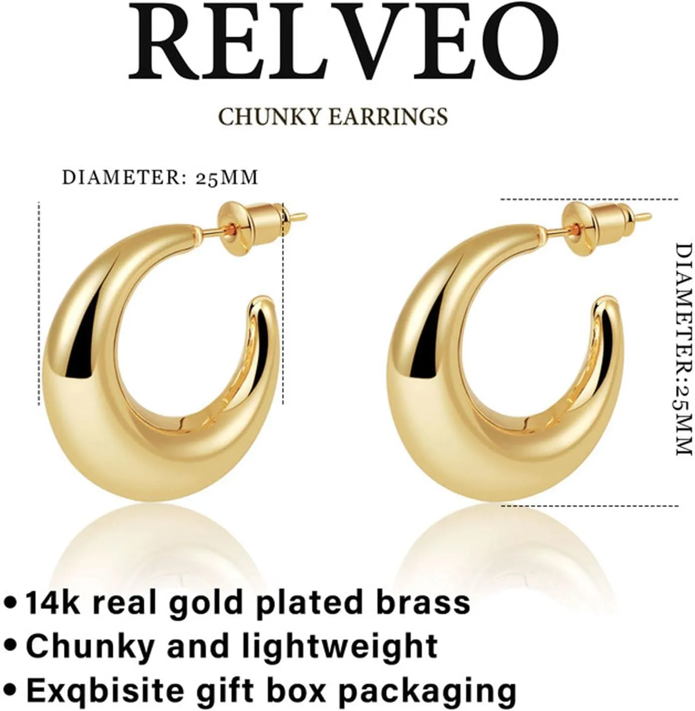 Dainty Gold Earrings for Women 14K Gold Plated Open Chunky Hoop Stud Earring Jewelry Gifts Lightweight Thick Waterproof
