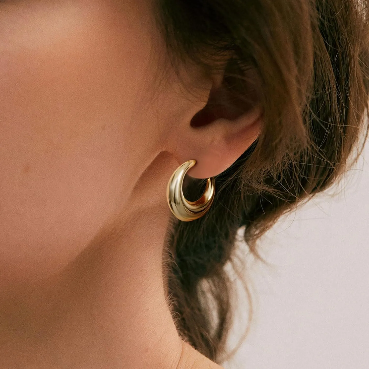 Dainty Gold Earrings for Women 14K Gold Plated Open Chunky Hoop Stud Earring Jewelry Gifts Lightweight Thick Waterproof