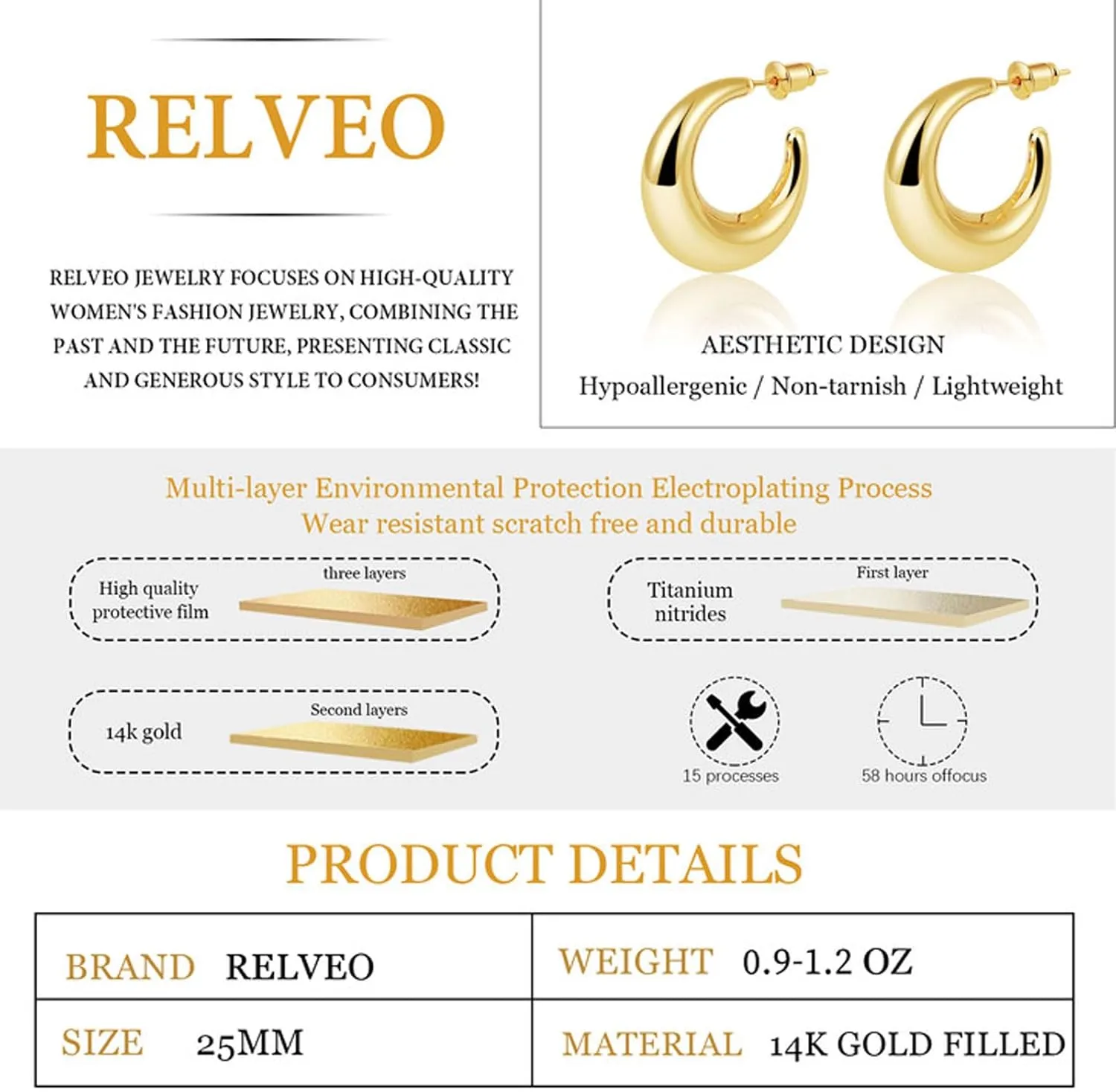 Dainty Gold Earrings for Women 14K Gold Plated Open Chunky Hoop Stud Earring Jewelry Gifts Lightweight Thick Waterproof