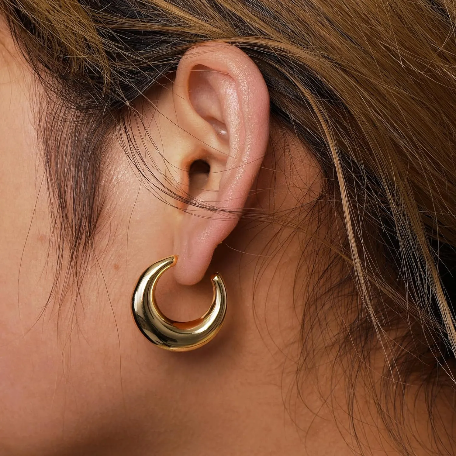 Dainty Gold Earrings for Women 14K Gold Plated Open Chunky Hoop Stud Earring Jewelry Gifts Lightweight Thick Waterproof