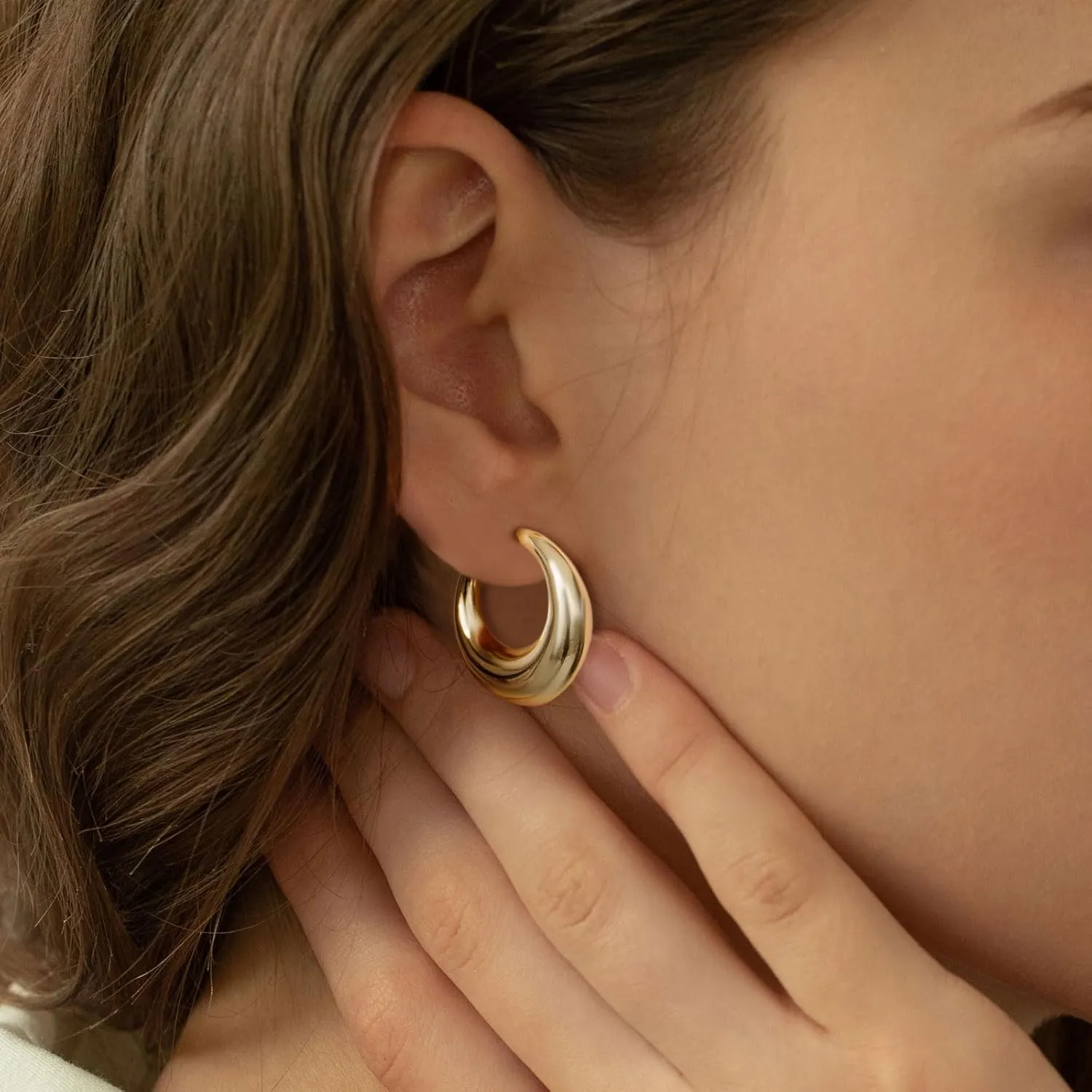 Dainty Gold Earrings for Women 14K Gold Plated Open Chunky Hoop Stud Earring Jewelry Gifts Lightweight Thick Waterproof