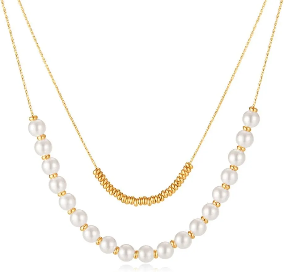 Dainty Imitation Pearl Beaded Layered Choker Necklace for Women Fashion 14K Gold Plated Stainless Steel Pearls Dots Double Layers Charm Necklaces Layering Trendy Jewelry Christmas Birthday Gifts Her