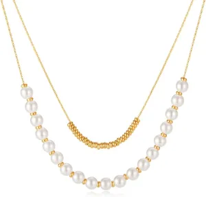 Dainty Imitation Pearl Beaded Layered Choker Necklace for Women Fashion 14K Gold Plated Stainless Steel Pearls Dots Double Layers Charm Necklaces Layering Trendy Jewelry Christmas Birthday Gifts Her