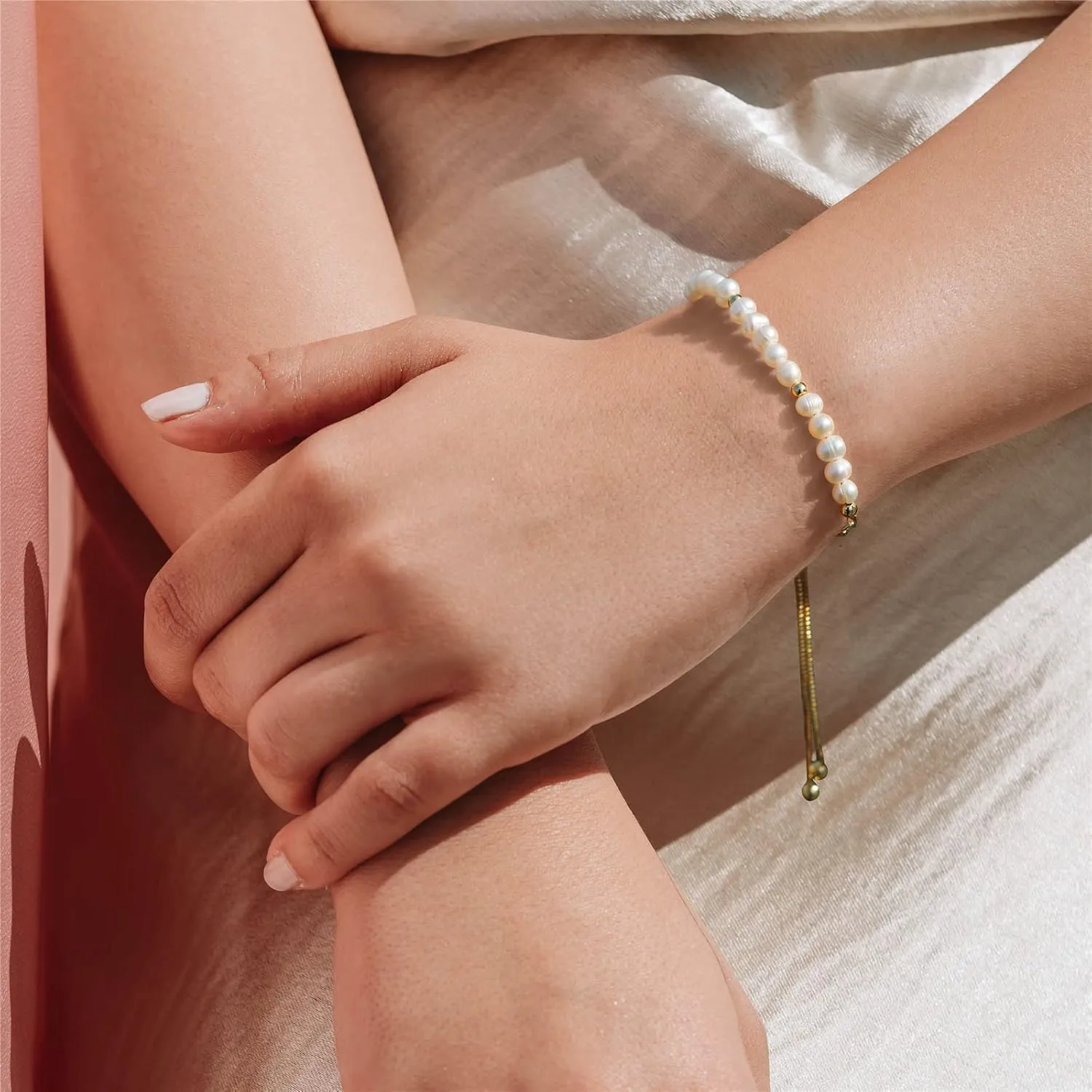 Dainty Pearl Chain Bracelets 14K Gold Bracelet for Women Adjustable Baroque Culture Jewelry Gifts for Mother Wife