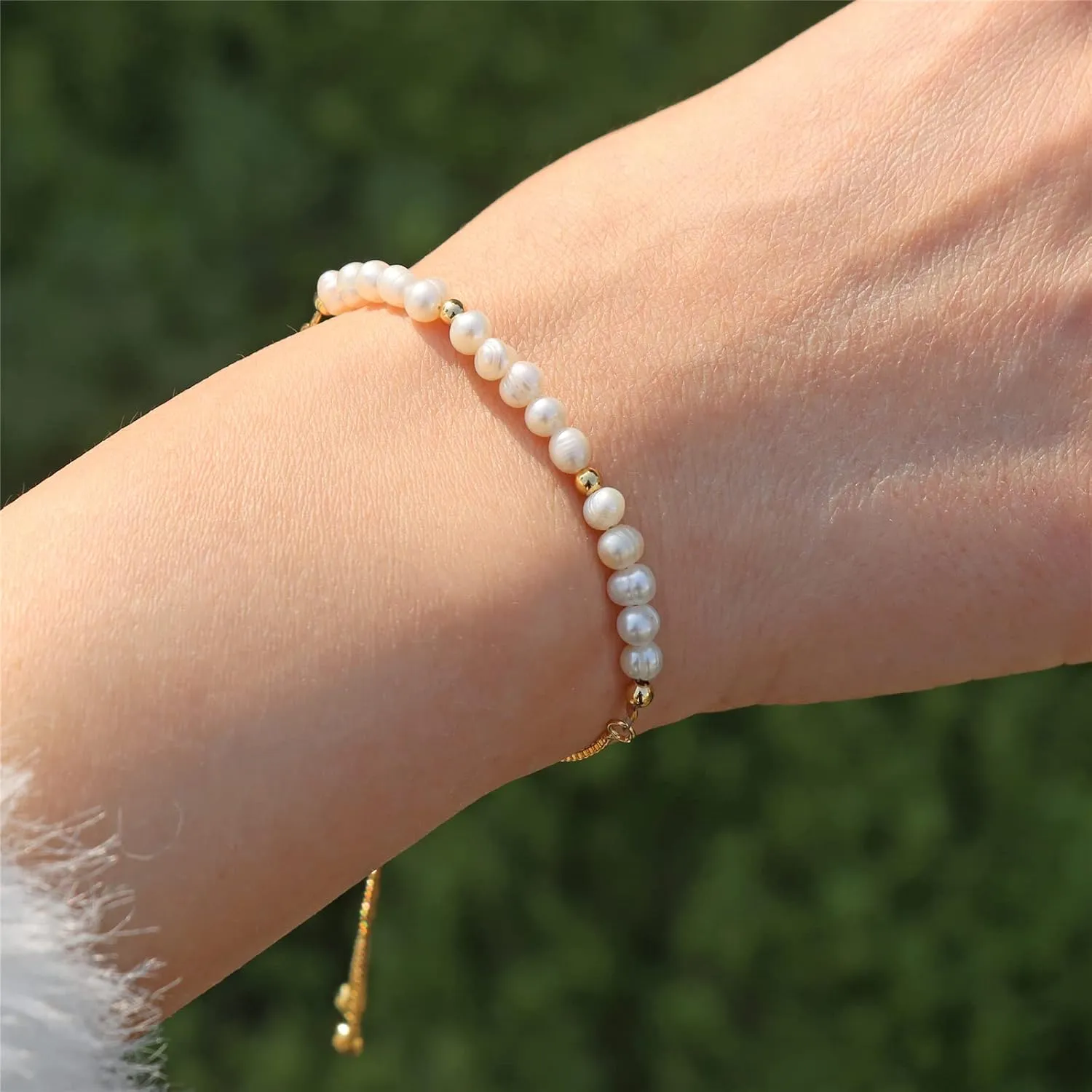 Dainty Pearl Chain Bracelets 14K Gold Bracelet for Women Adjustable Baroque Culture Jewelry Gifts for Mother Wife