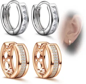 Dainty Small Hoops Earring Set, 2 pairs 14k White Gold Plated Lightweight Crystal Hoop Earrings with Cubic Zirconia Chunky Huggie Earrings Minimalist Everyday Earrings Jewelry Gifts for Women Girls, 211390-E