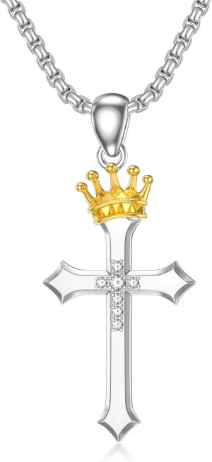 Diamond Cross Necklace for Men 925 Sterling Silver Crown Cross Pendant with Lab Grown Diamond Jewelry Gifts for Him