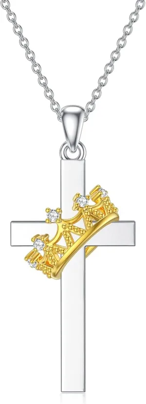 Diamond Crown Cross Necklace for Women Men 925 Sterling Silver Cross Pendant Necklace with Diamond Crown Jewelry Gifts