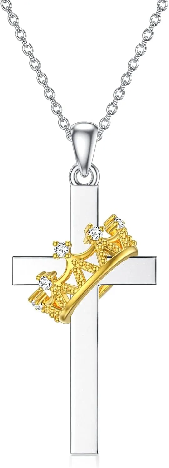 Diamond Crown Cross Necklace for Women Men 925 Sterling Silver Cross Pendant Necklace with Diamond Crown Jewelry Gifts