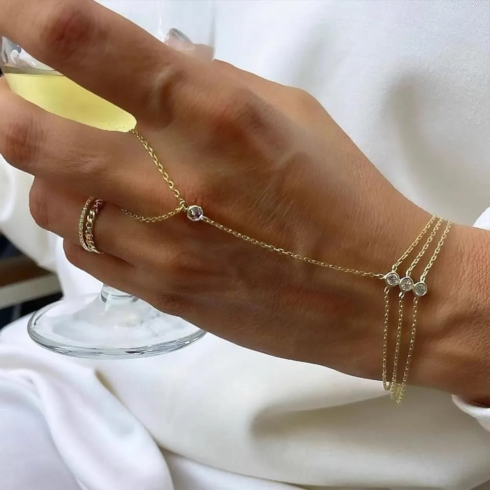Diamond Gold Bracelet Rings Hand Chain for Women, 925 Sterling Silver White CZ Heart Finger 14k Gold Plated Dainty Trendy Layered Stackable Link Chain Ring Bracelet Body Summer Jewelry Graduation Gift