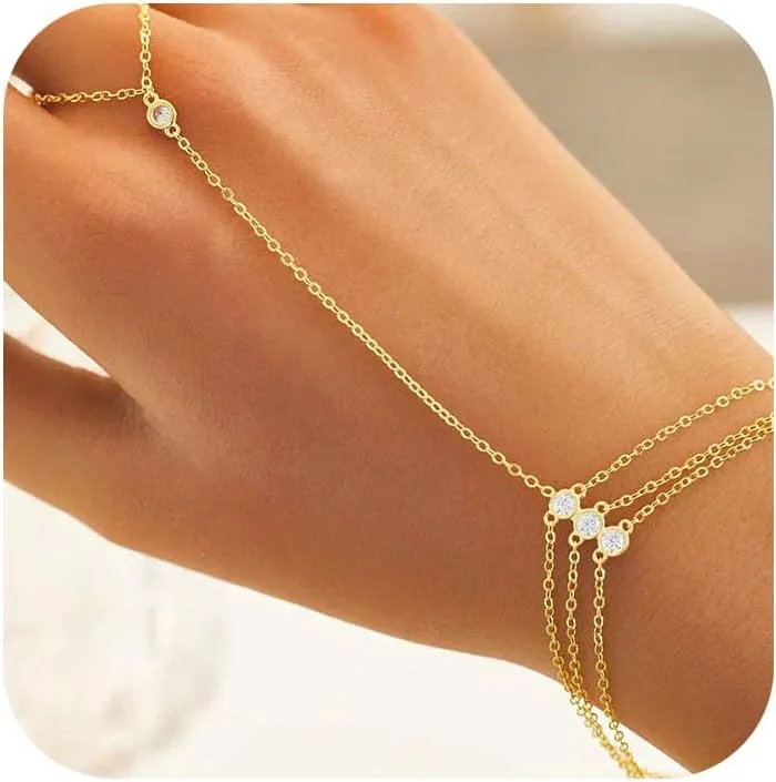 Diamond Gold Bracelet Rings Hand Chain for Women, 925 Sterling Silver White CZ Heart Finger 14k Gold Plated Dainty Trendy Layered Stackable Link Chain Ring Bracelet Body Summer Jewelry Graduation Gift