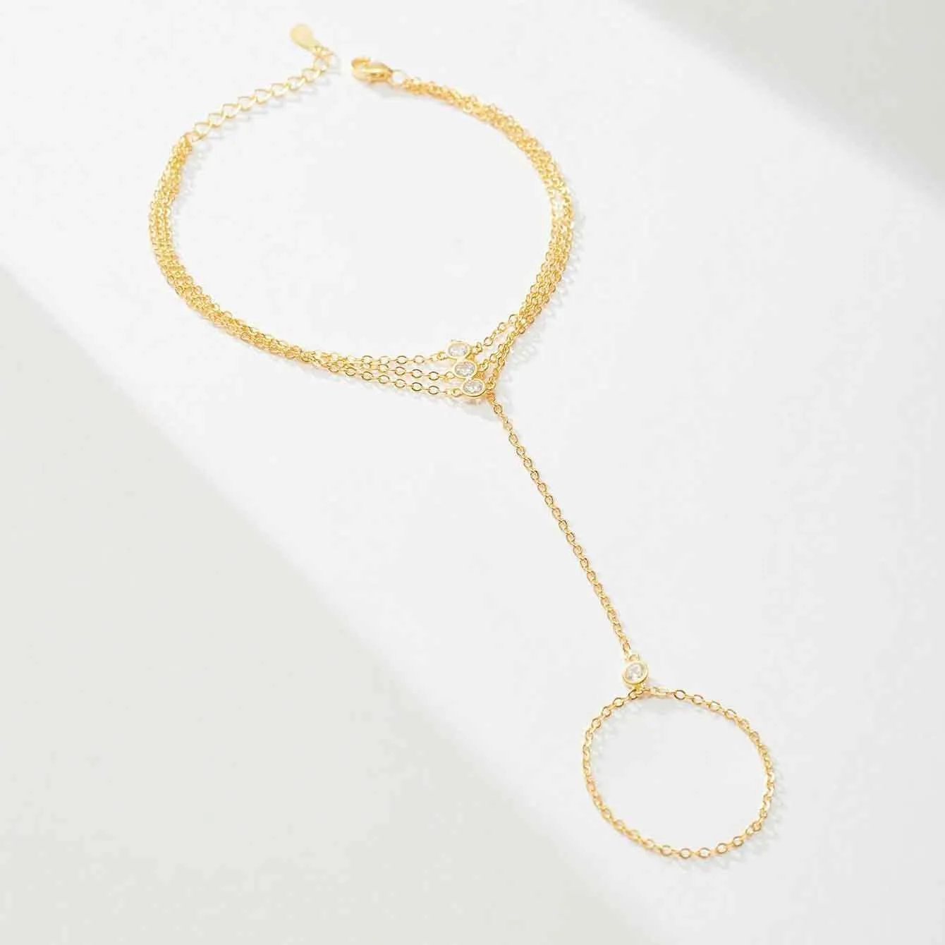 Diamond Gold Bracelet Rings Hand Chain for Women, 925 Sterling Silver White CZ Heart Finger 14k Gold Plated Dainty Trendy Layered Stackable Link Chain Ring Bracelet Body Summer Jewelry Graduation Gift