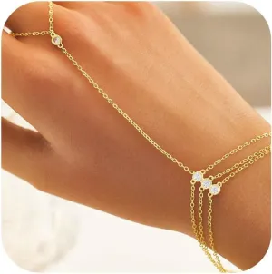 Diamond Gold Bracelet Rings Hand Chain for Women, 925 Sterling Silver White CZ Heart Finger 14k Gold Plated Dainty Trendy Layered Stackable Link Chain Ring Bracelet Body Summer Jewelry Graduation Gift