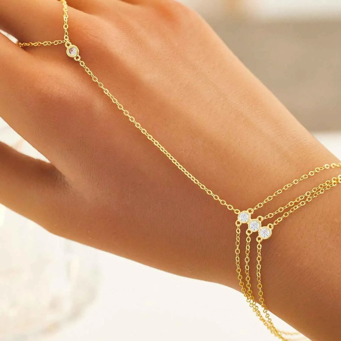 Diamond Gold Bracelet Rings Hand Chain for Women, 925 Sterling Silver White CZ Heart Finger 14k Gold Plated Dainty Trendy Layered Stackable Link Chain Ring Bracelet Body Summer Jewelry Graduation Gift