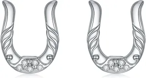 Diamond Horseshoe Earrings for Women 925 Sterling Silver Horse Shoe Stud Earrings Birthday Christmas Jewelry Gifts for Horse Lover (D Color, VVS Clarity)
