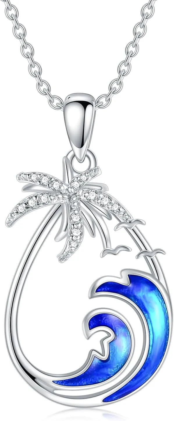 Diamond Palm Tree Necklace for Women 925 Sterling Silver Palm Tree Pendant Necklace with Waves and Seagulls Summer Beach Jewelry Gifts