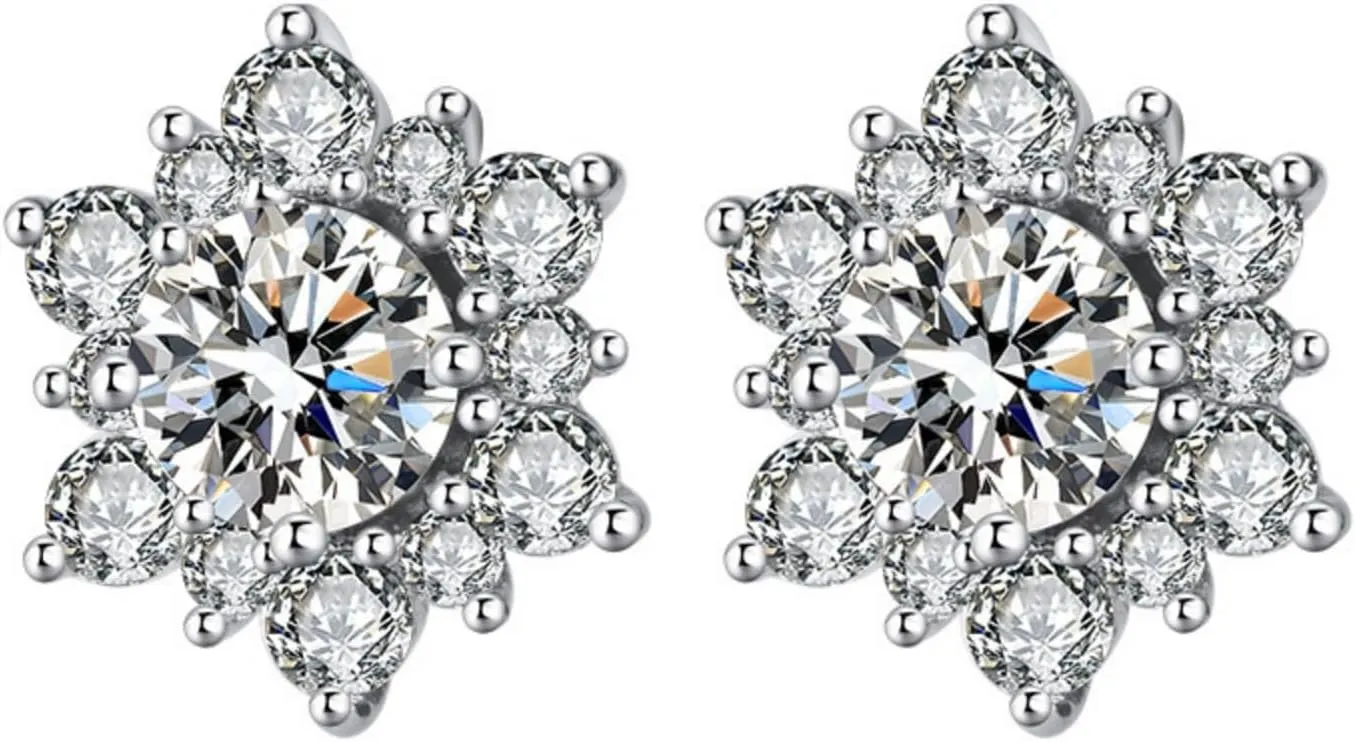 Diamond Stud Earrings for Women, Bridal Wedding Halo Stud Earrings for Bride Bridesmaid, 18K White Gold Plated Cubic Zirconia Stud Gift (Sun Silver)