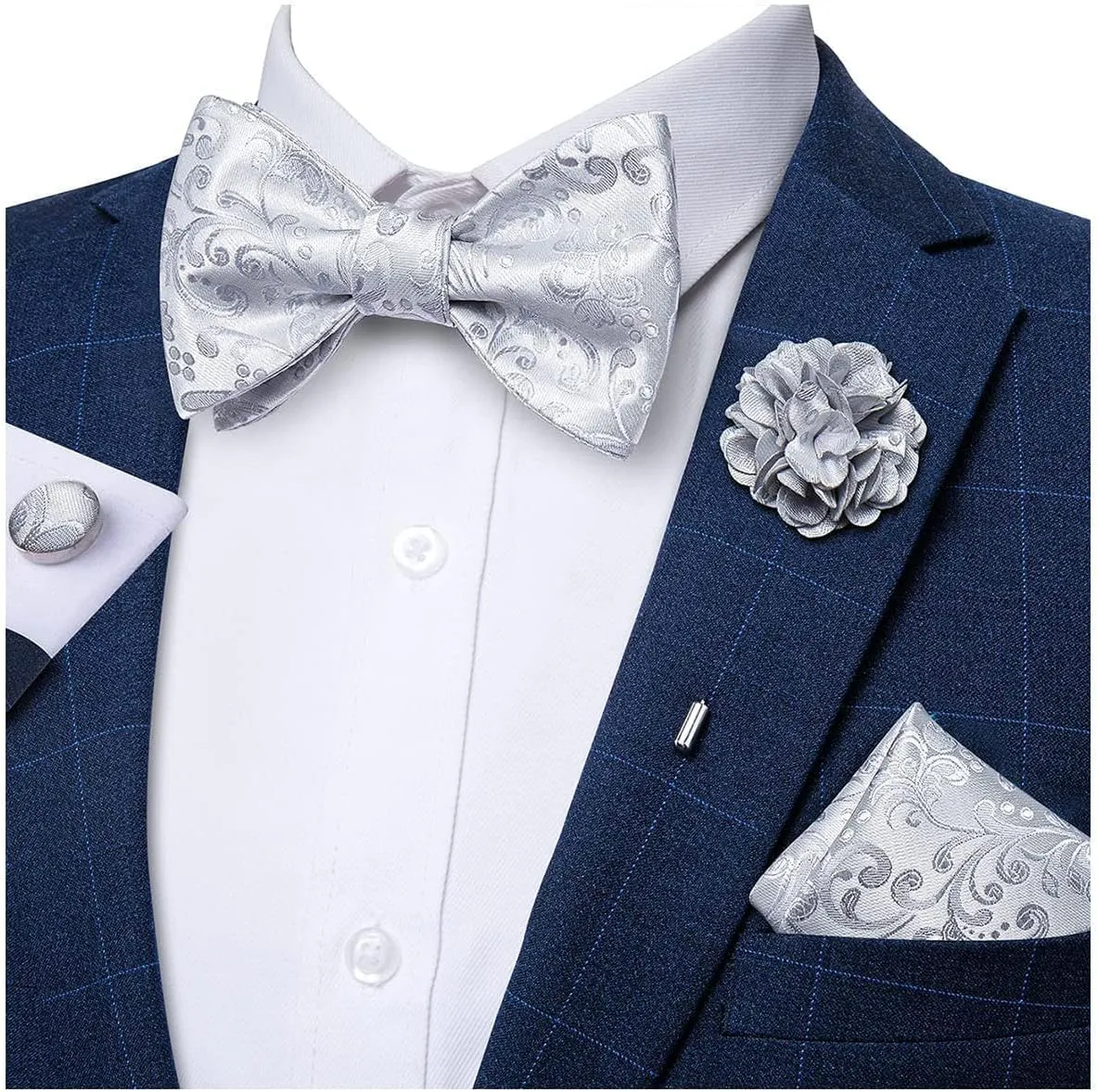 DiBanGu Paisley Bow Ties for Men Silk Self Tied Bowtie and Pocket Square Cufflinks with Lapel Pin for Wedding Party