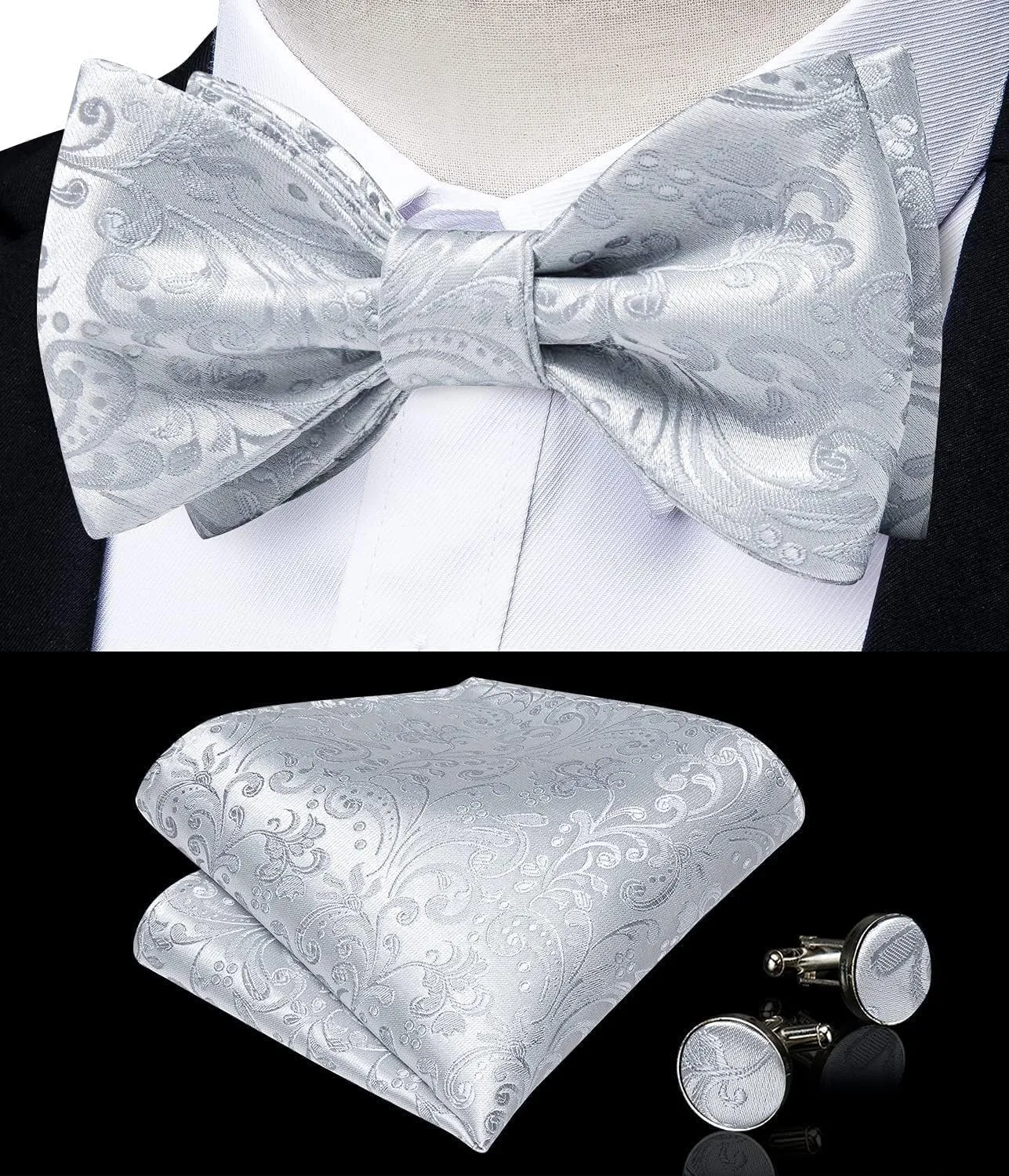 DiBanGu Paisley Bow Ties for Men Silk Self Tied Bowtie and Pocket Square Cufflinks with Lapel Pin for Wedding Party