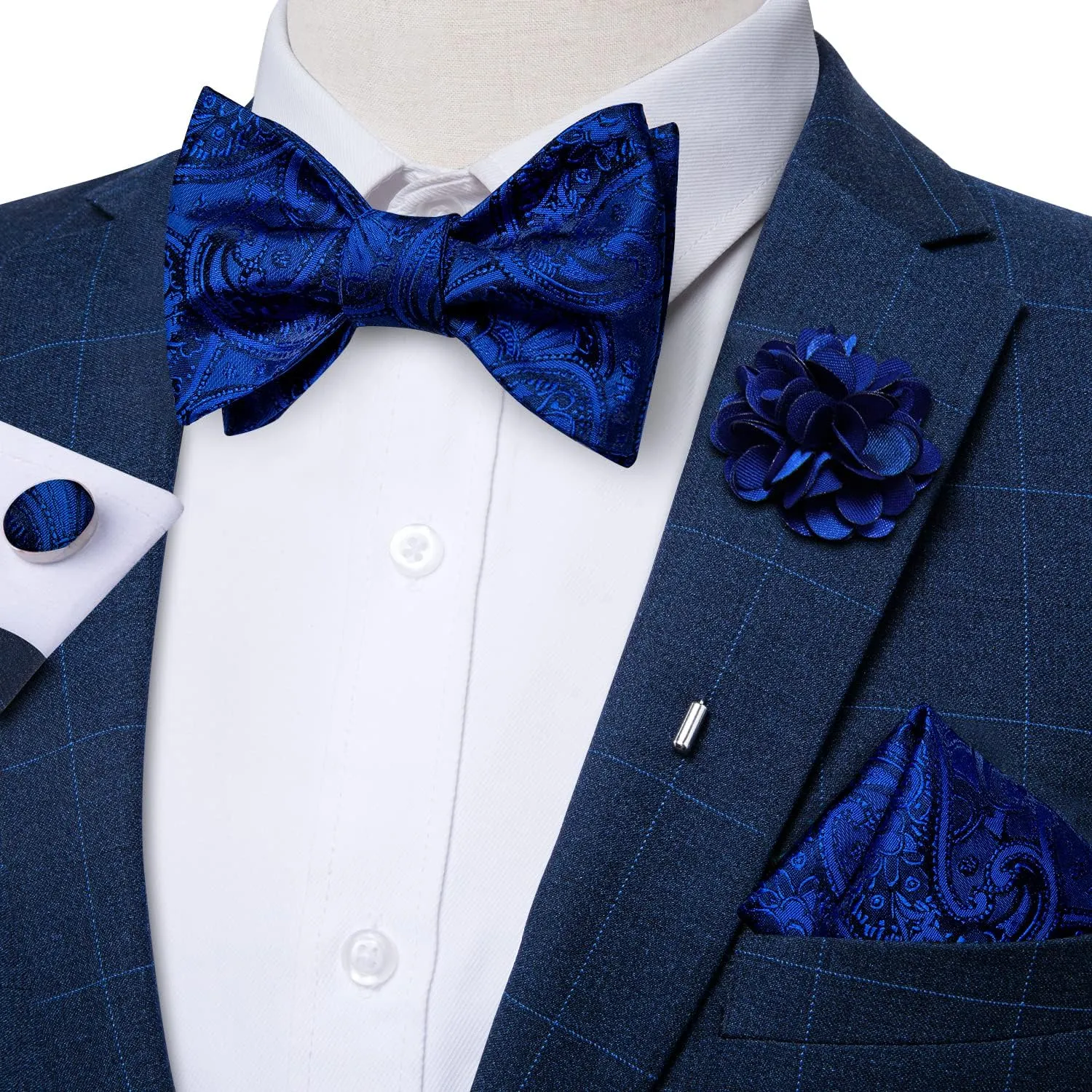 DiBanGu Paisley Bow Ties for Men Silk Self Tied Bowtie and Pocket Square Cufflinks with Lapel Pin for Wedding Party