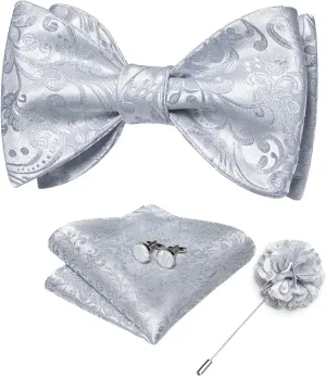 DiBanGu Paisley Bow Ties for Men Silk Self Tied Bowtie and Pocket Square Cufflinks with Lapel Pin for Wedding Party
