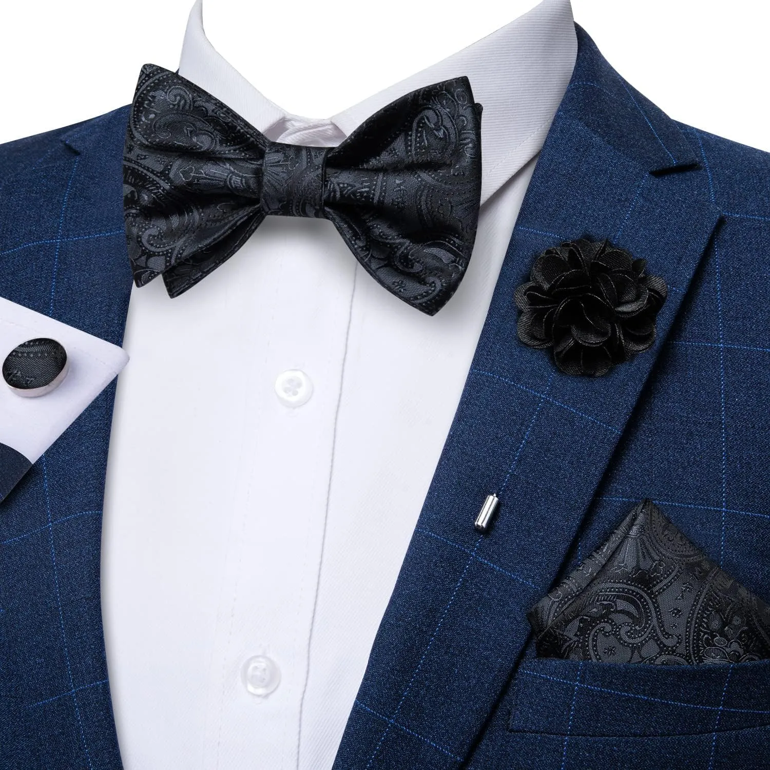 DiBanGu Paisley Bow Ties for Men Silk Self Tied Bowtie and Pocket Square Cufflinks with Lapel Pin for Wedding Party