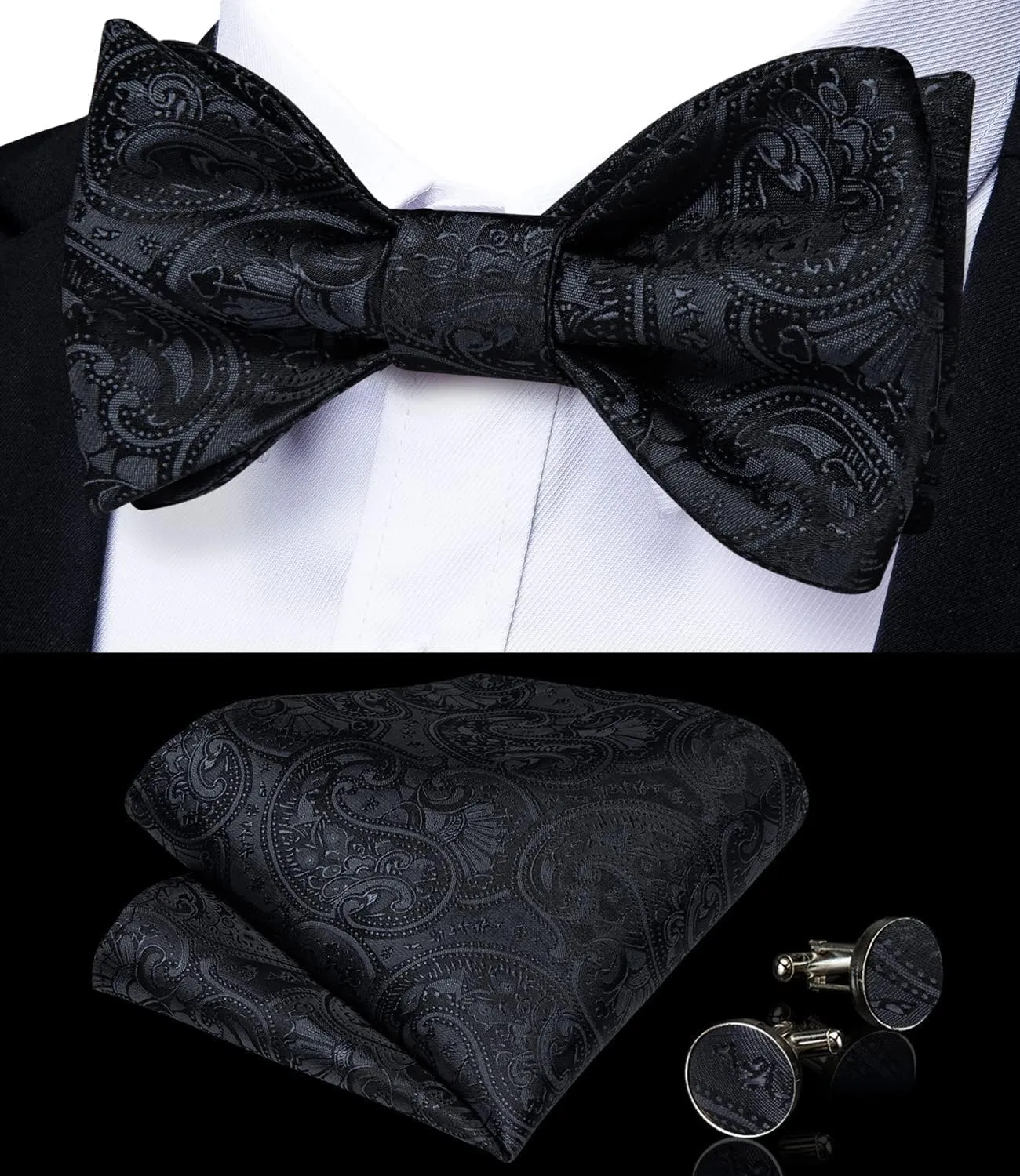 DiBanGu Paisley Bow Ties for Men Silk Self Tied Bowtie and Pocket Square Cufflinks with Lapel Pin for Wedding Party