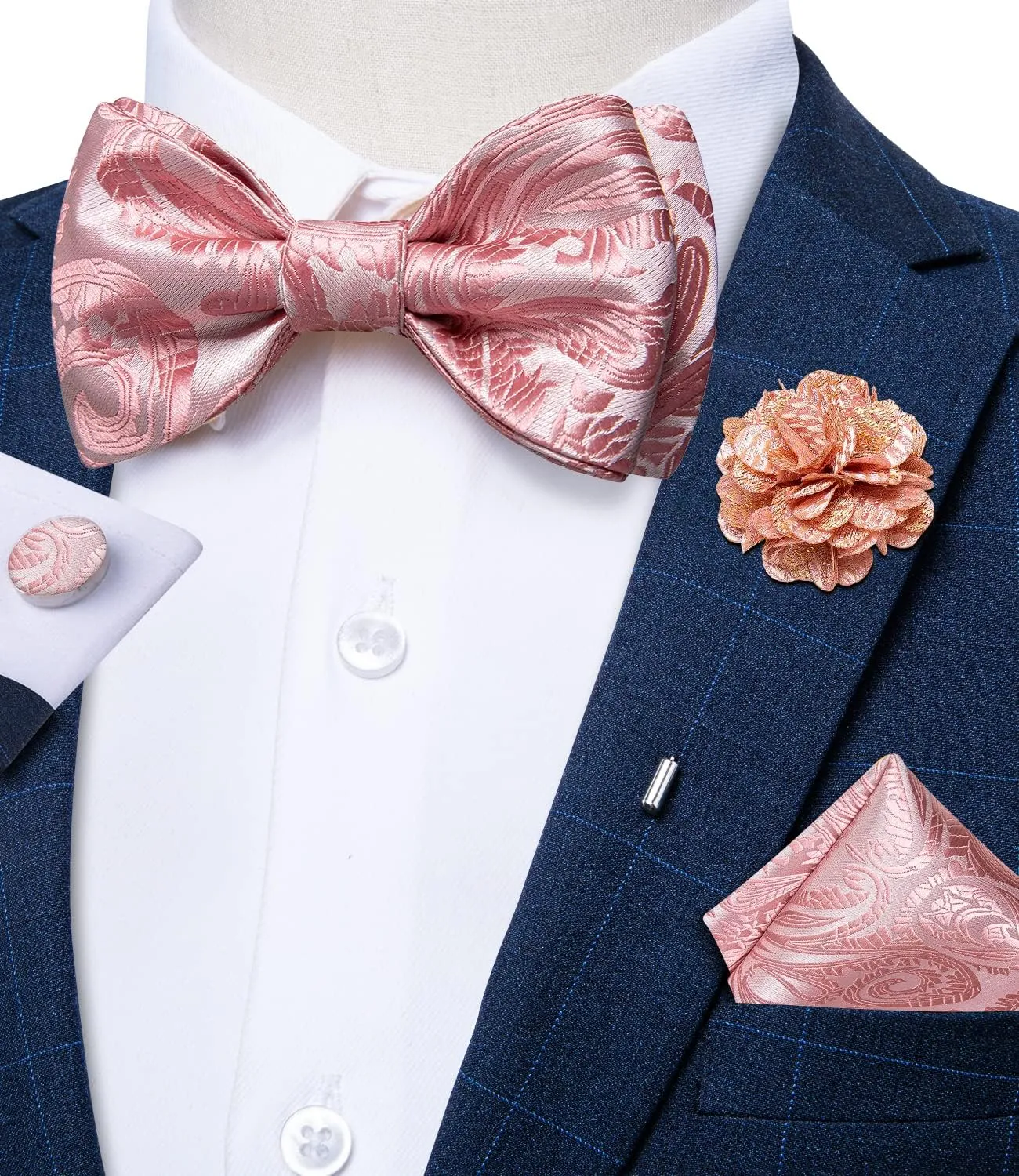 DiBanGu Paisley Bow Ties for Men Silk Self Tied Bowtie and Pocket Square Cufflinks with Lapel Pin for Wedding Party