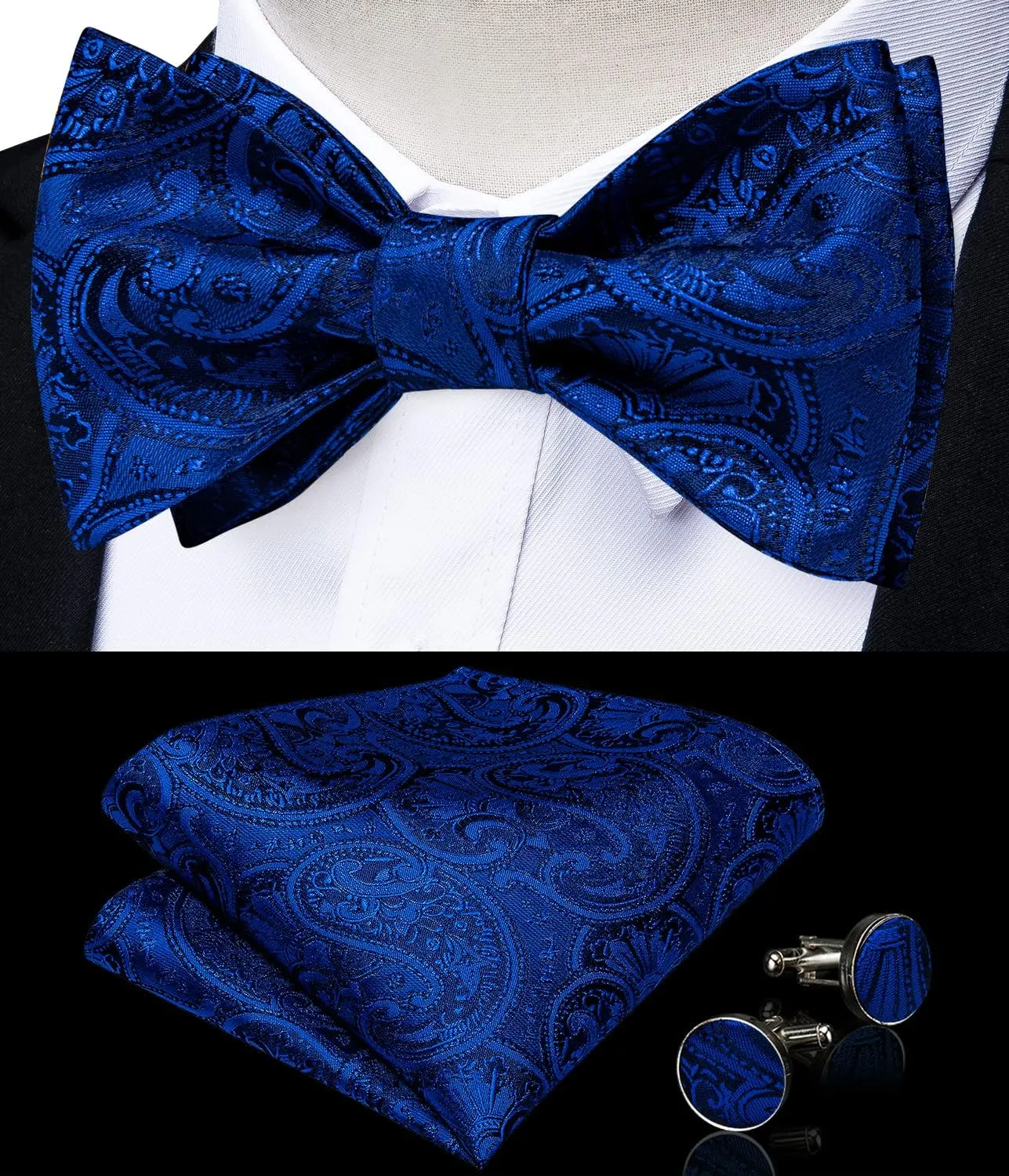 DiBanGu Paisley Bow Ties for Men Silk Self Tied Bowtie and Pocket Square Cufflinks with Lapel Pin for Wedding Party