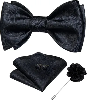DiBanGu Paisley Bow Ties for Men Silk Self Tied Bowtie and Pocket Square Cufflinks with Lapel Pin for Wedding Party