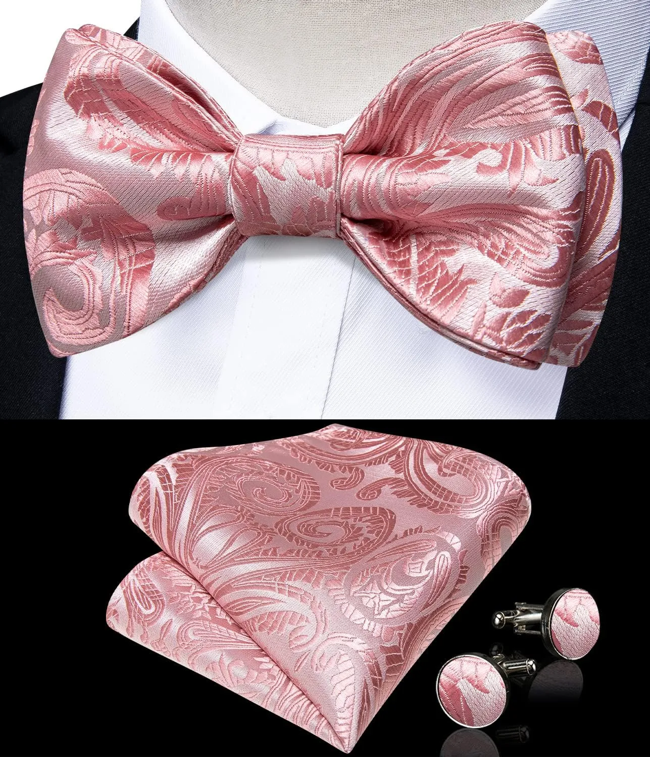 DiBanGu Paisley Bow Ties for Men Silk Self Tied Bowtie and Pocket Square Cufflinks with Lapel Pin for Wedding Party