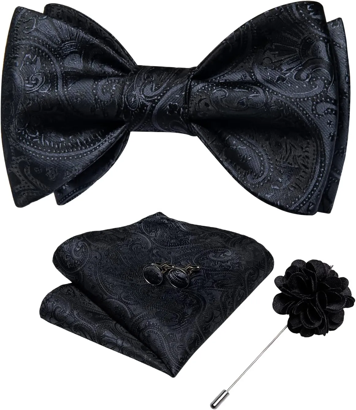 DiBanGu Paisley Bow Ties for Men Silk Self Tied Bowtie and Pocket Square Cufflinks with Lapel Pin for Wedding Party