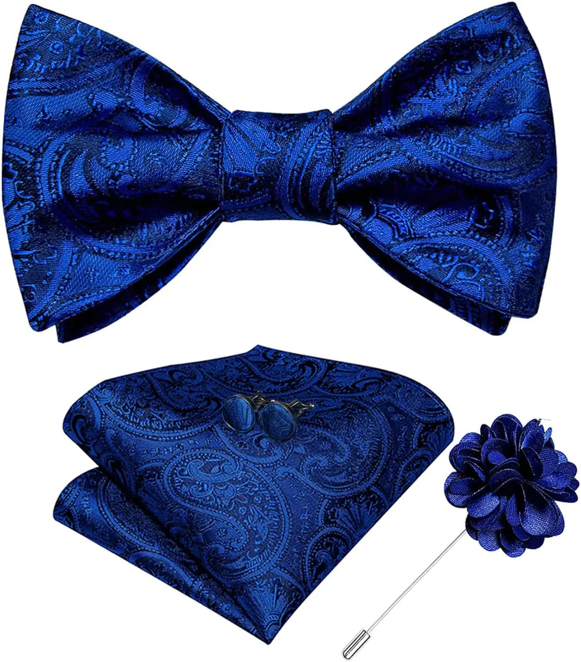 DiBanGu Paisley Bow Ties for Men Silk Self Tied Bowtie and Pocket Square Cufflinks with Lapel Pin for Wedding Party