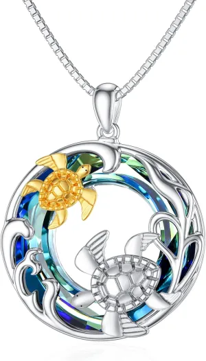 Dorunmo Turtle Necklace 925 Sterling Silver Sea Turtle Pendant 2 Turtle Mother and Daughter Child Necklaces Ocean Wave Jewelry Turtle Gift Mothers Day Jewelry for Women Mom