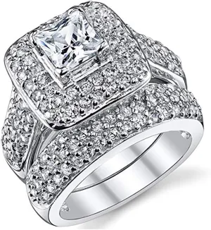 Double Fair 2 Piece Wedding Ring for Women 1 Carat Princess Cut Cubic Zirconia Engagement Promise Bridal silver Band Fashion Cute White Gold Plated Ring Set Gift Jewelry