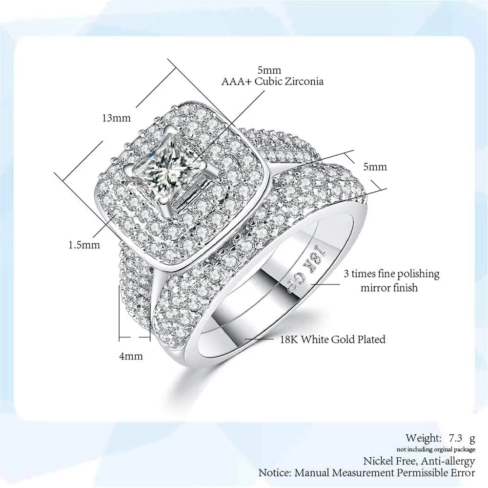 Double Fair 2 Piece Wedding Ring for Women 1 Carat Princess Cut Cubic Zirconia Engagement Promise Bridal silver Band Fashion Cute White Gold Plated Ring Set Gift Jewelry
